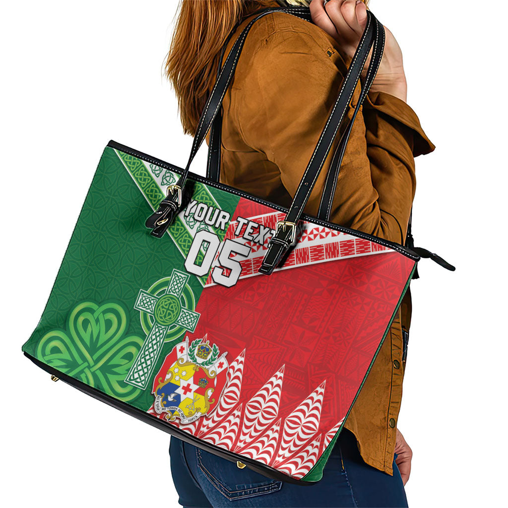 Tonga Ireland Rugby Custom Leather Tote Bag Ikale Tahi With Shamrocks Together