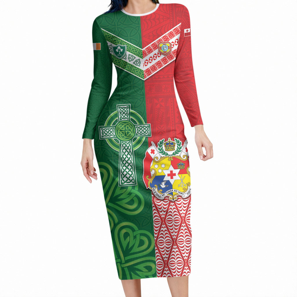 Tonga Ireland Rugby Custom Long Sleeve Bodycon Dress Ikale Tahi With Shamrocks Together