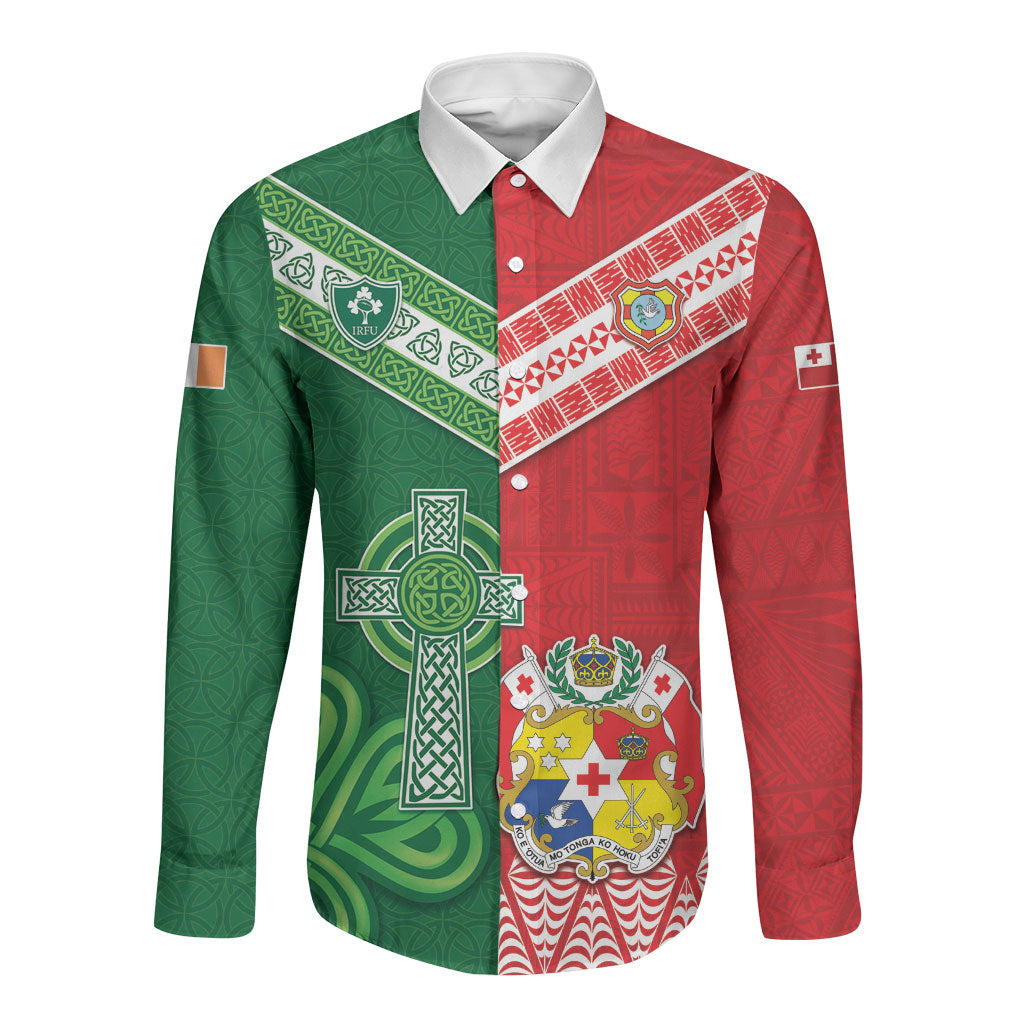 Tonga Ireland Rugby Custom Long Sleeve Button Shirt Ikale Tahi With Shamrocks Together