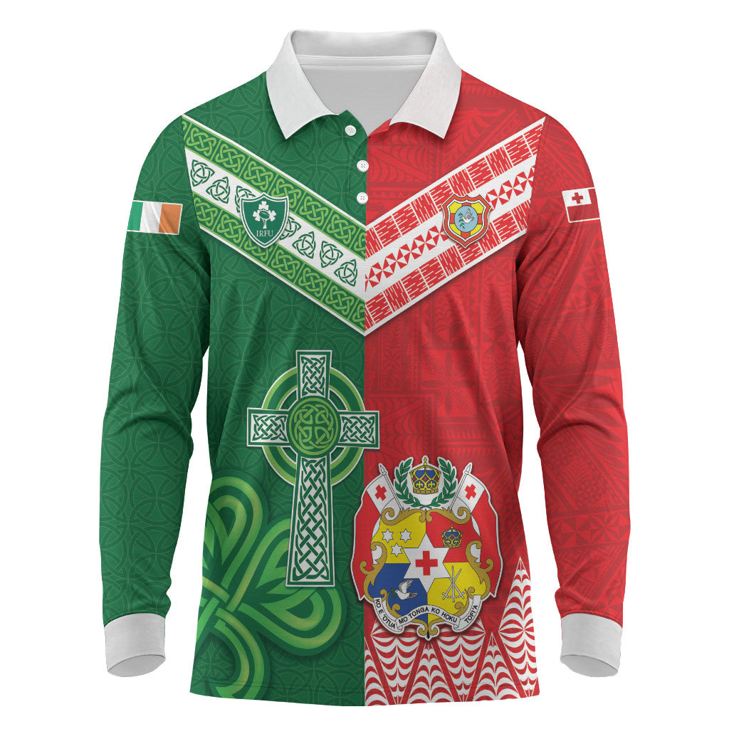 Tonga Ireland Rugby Custom Long Sleeve Polo Shirt Ikale Tahi With Shamrocks Together