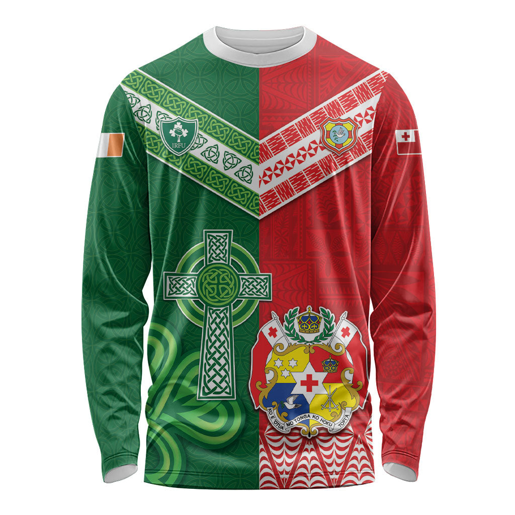 Tonga Ireland Rugby Custom Long Sleeve Shirt Ikale Tahi With Shamrocks Together