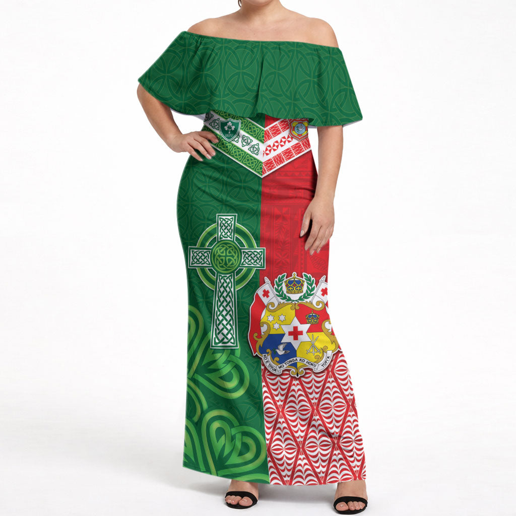 Tonga Ireland Rugby Custom Off Shoulder Maxi Dress Ikale Tahi With Shamrocks Together
