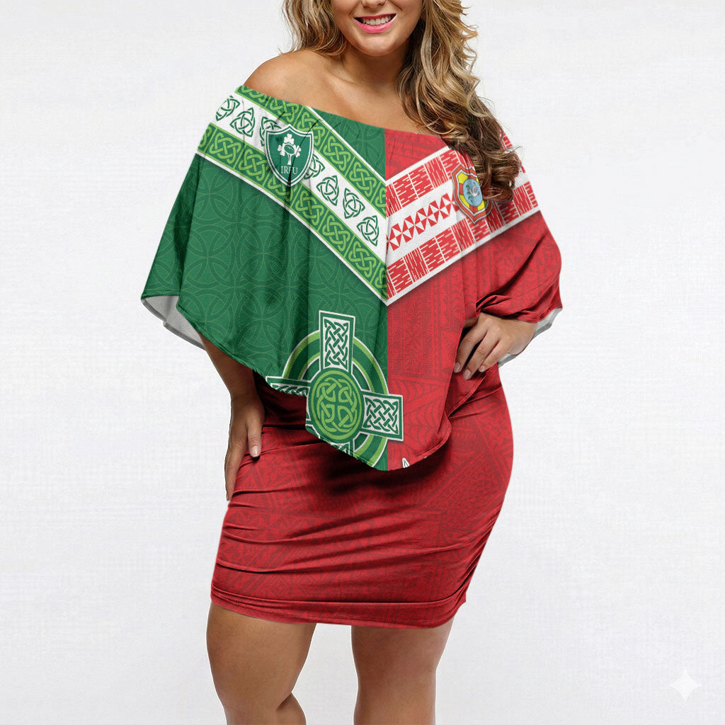 Tonga Ireland Rugby Custom Off Shoulder Short Dress Ikale Tahi With Shamrocks Together