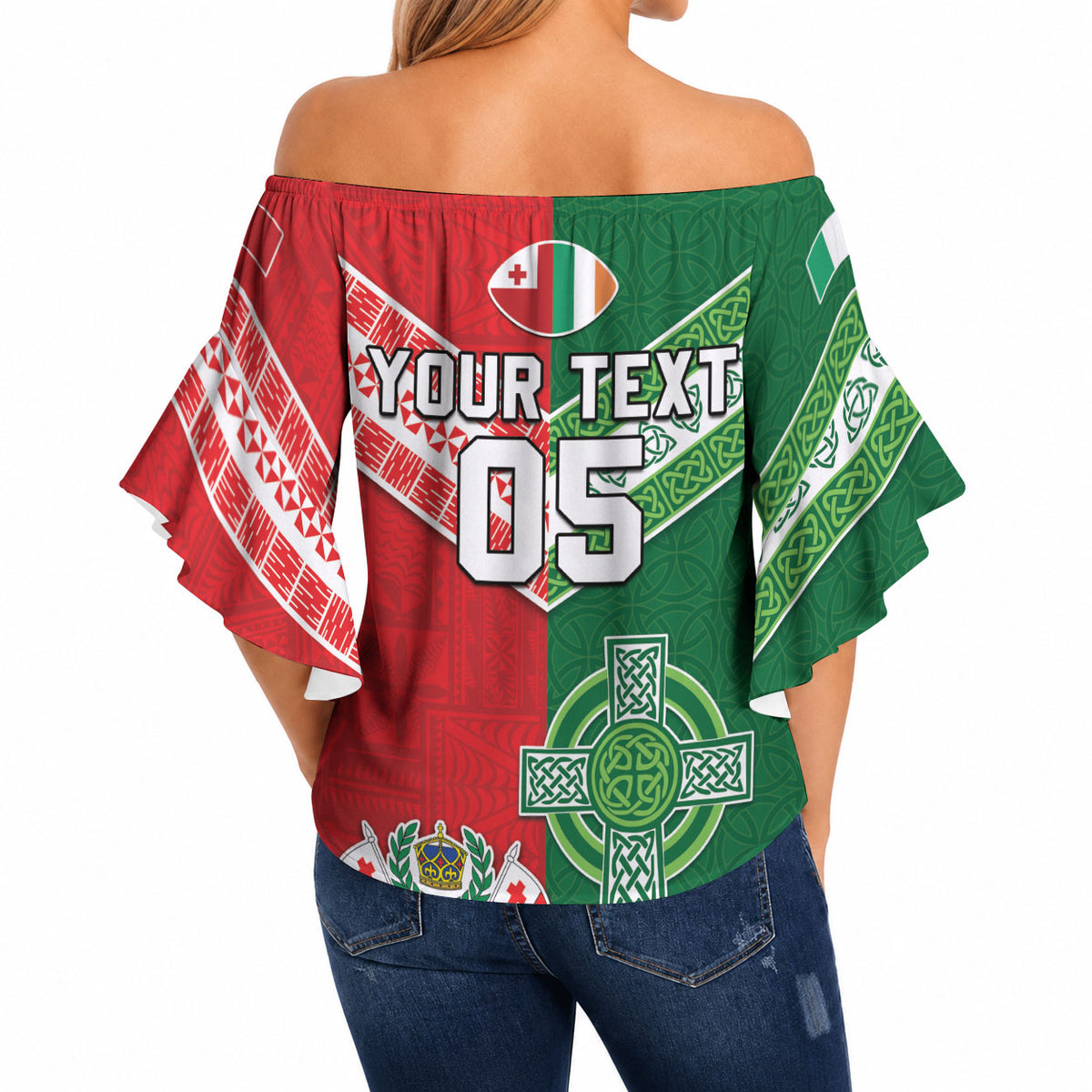 Tonga Ireland Rugby Custom Off Shoulder Wrap Waist Top Ikale Tahi With Shamrocks Together