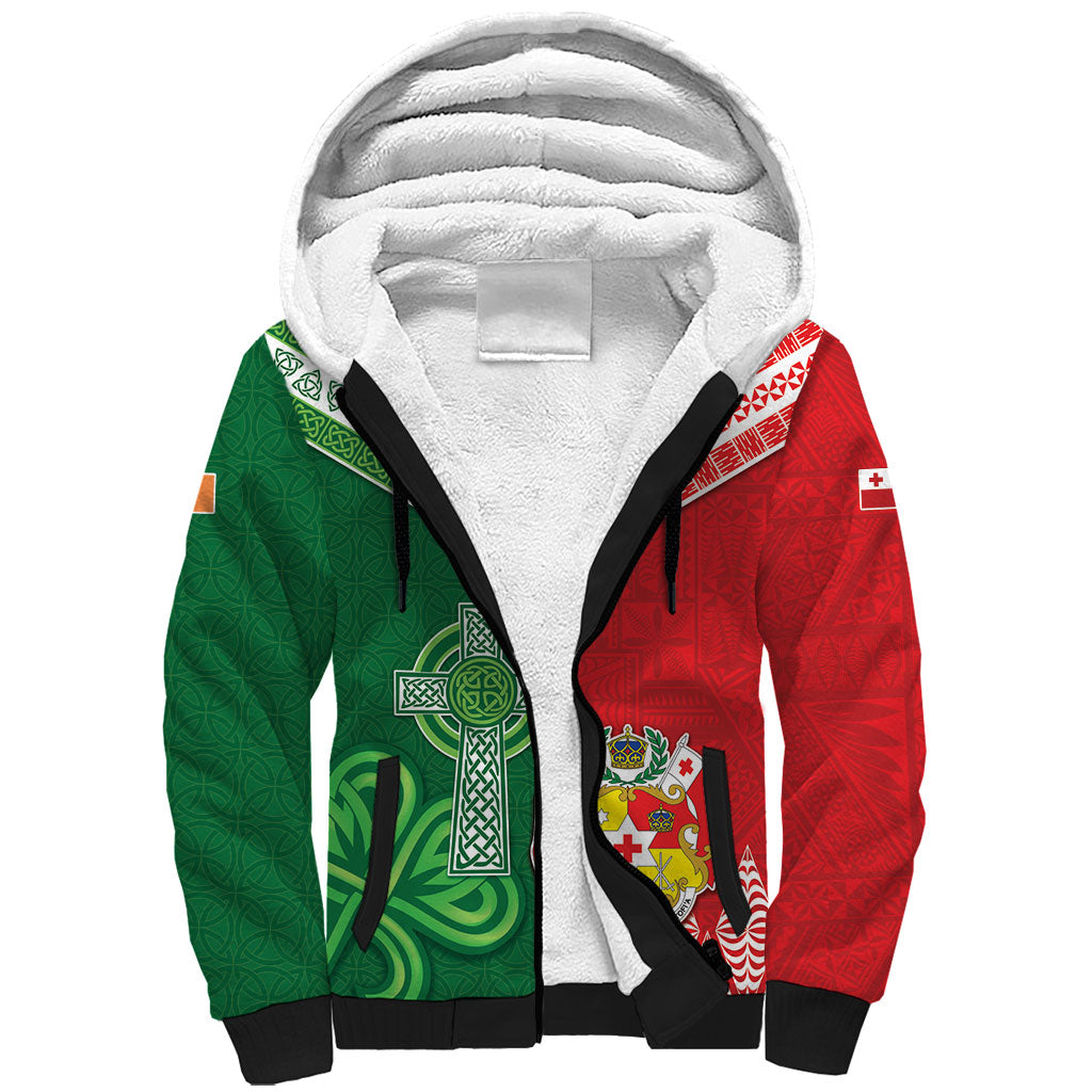 Tonga Ireland Rugby Custom Sherpa Hoodie Ikale Tahi With Shamrocks Together