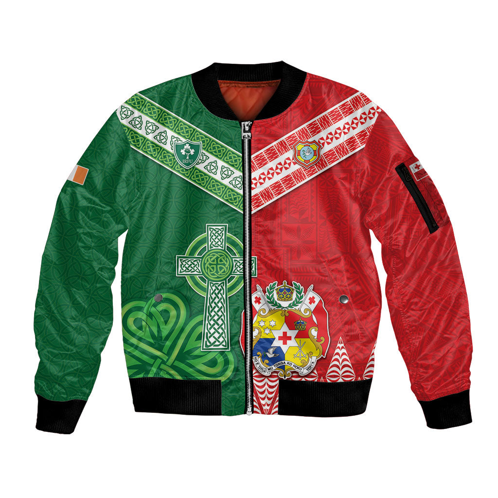 Tonga Ireland Rugby Custom Sleeve Zip Bomber Jacket Ikale Tahi With Shamrocks Together
