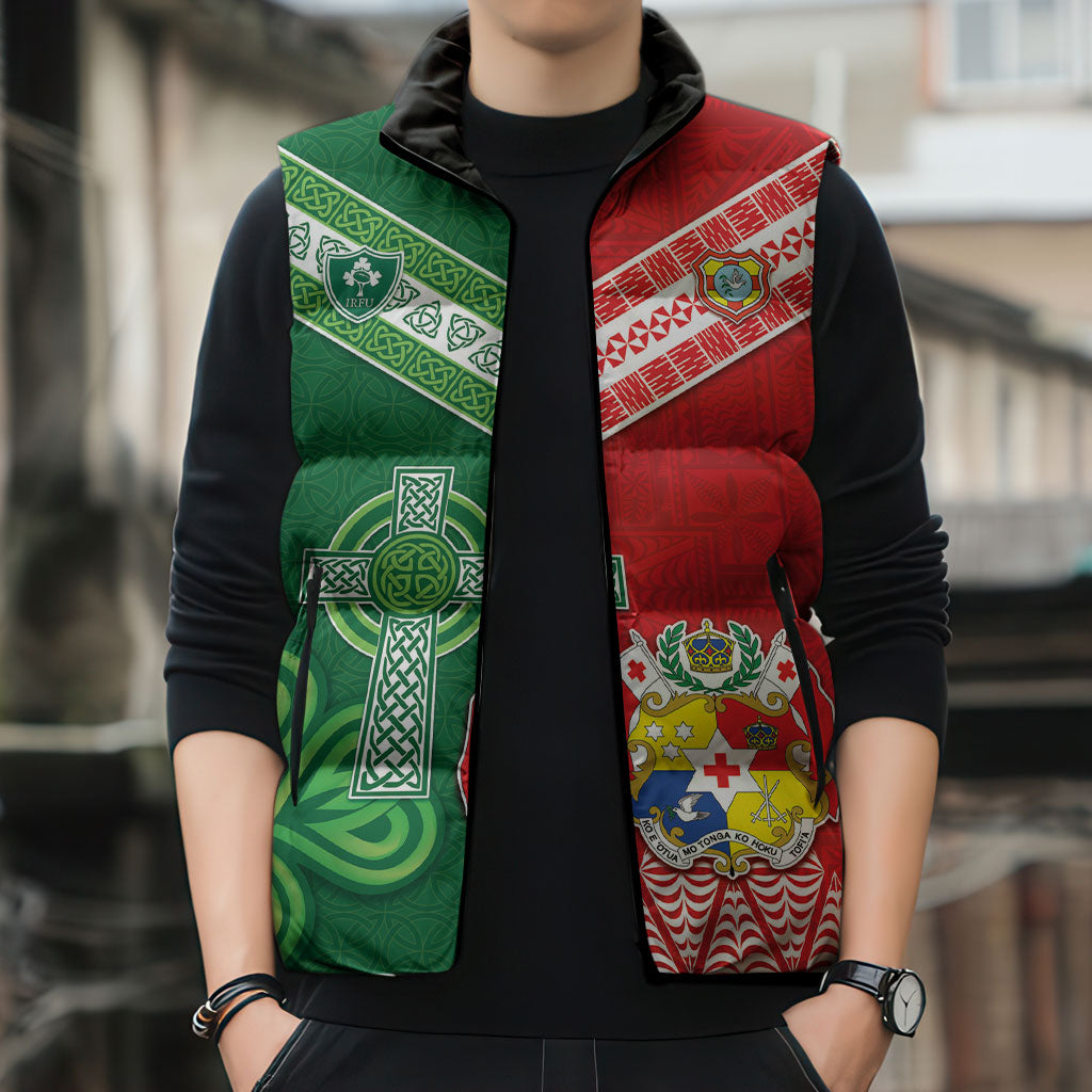 Tonga Ireland Rugby Custom Sleeveless Puffer Jacket Ikale Tahi With Shamrocks Together