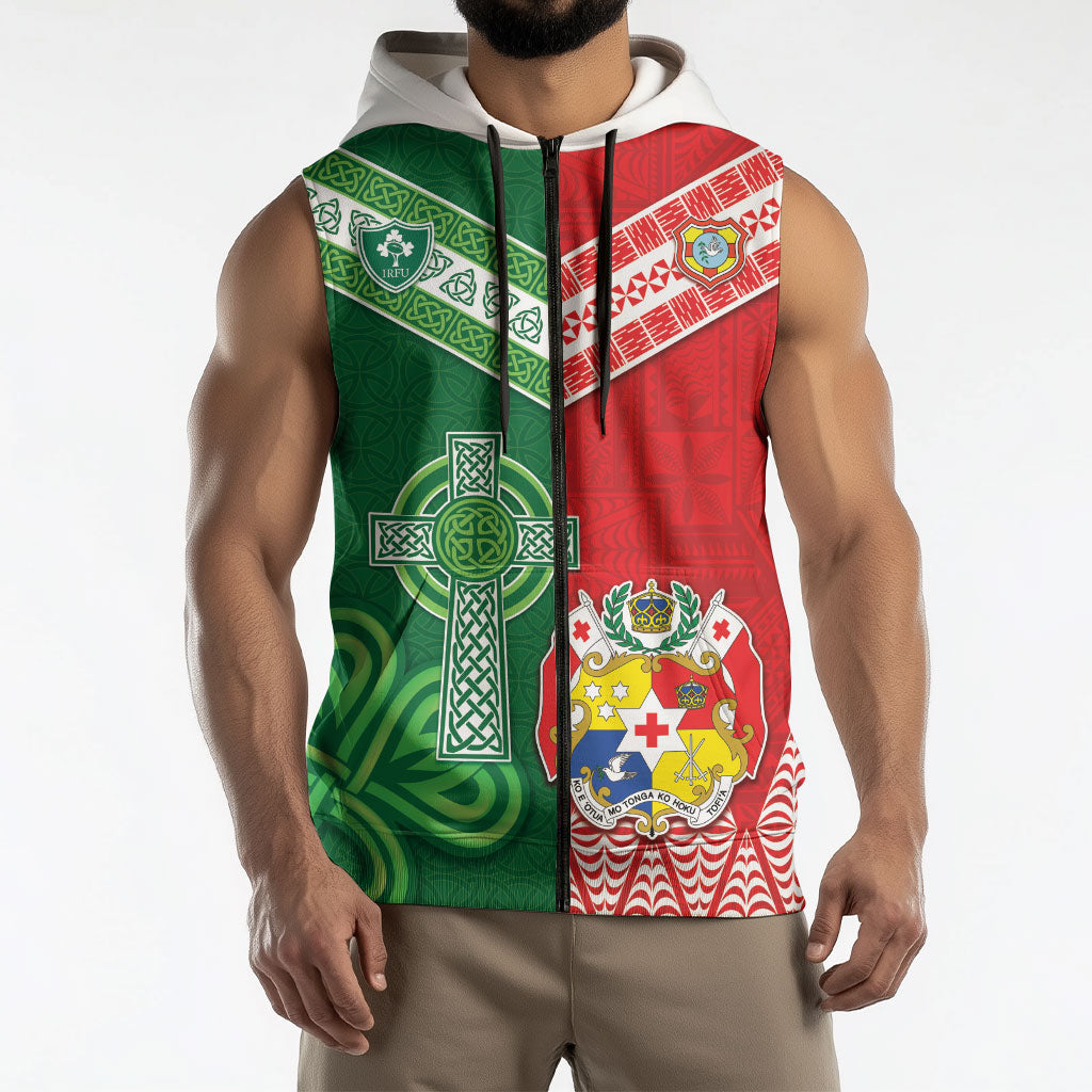 Tonga Ireland Rugby Custom Sleeveless Zip Hoodie Ikale Tahi With Shamrocks Together