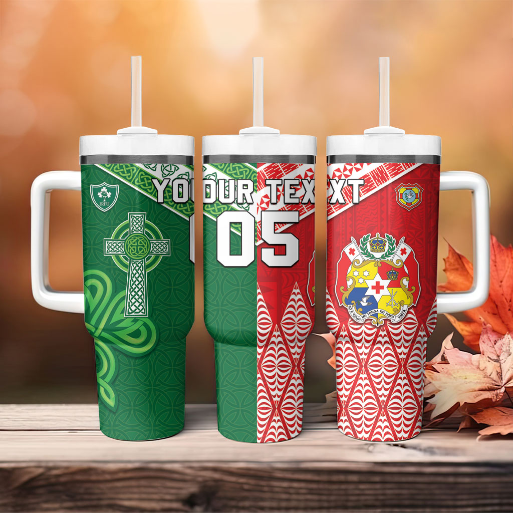 Tonga Ireland Rugby Custom Tumbler With Handle Ikale Tahi With Shamrocks Together