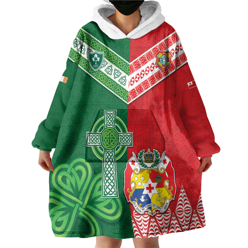 Tonga Ireland Rugby Custom Wearable Blanket Hoodie Ikale Tahi With Shamrocks Together