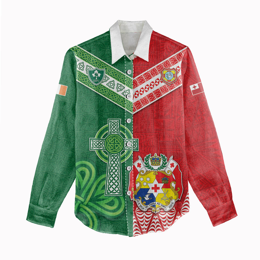 Tonga Ireland Rugby Custom Women Casual Shirt Ikale Tahi With Shamrocks Together