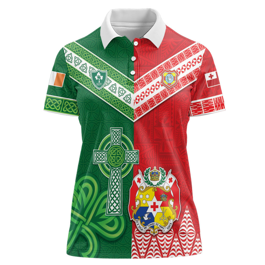 Tonga Ireland Rugby Custom Women Polo Shirt Ikale Tahi With Shamrocks Together
