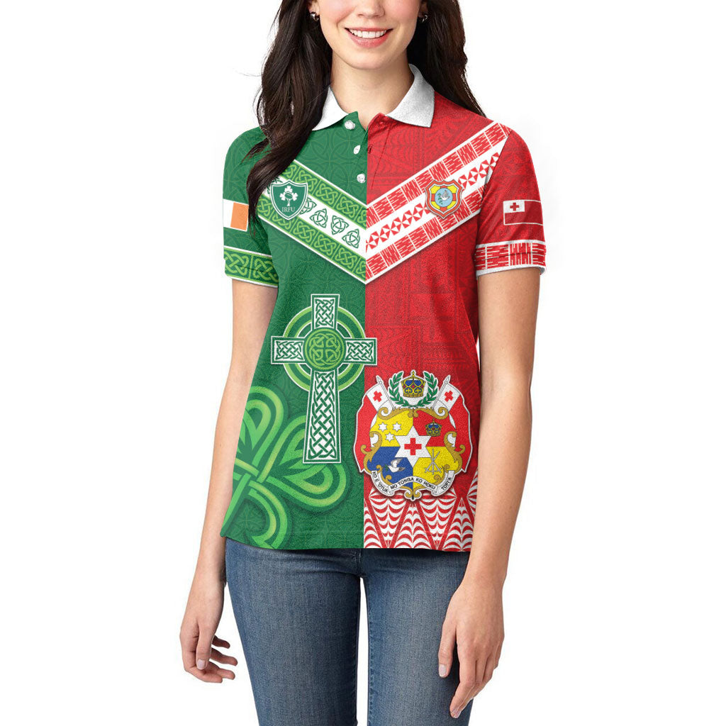 Tonga Ireland Rugby Custom Women Polo Shirt Ikale Tahi With Shamrocks Together