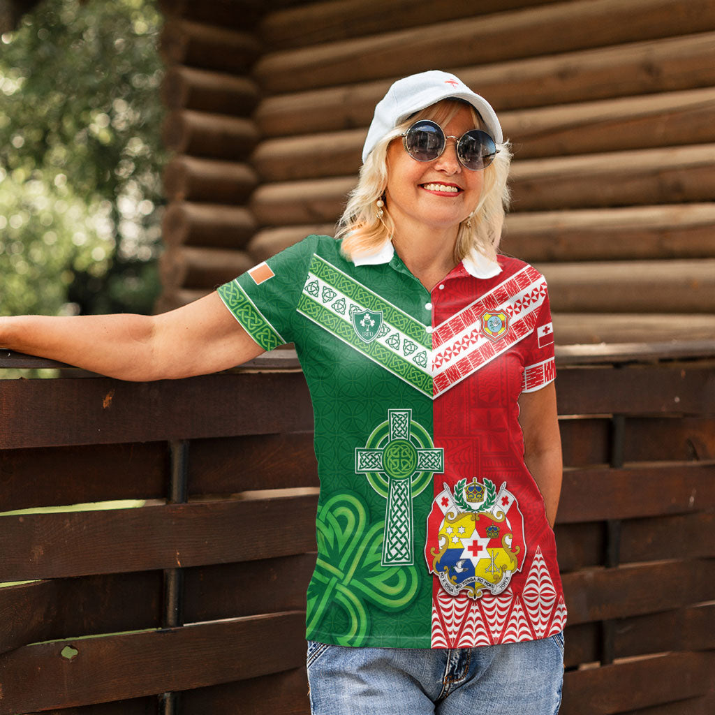 Tonga Ireland Rugby Custom Women Polo Shirt Ikale Tahi With Shamrocks Together