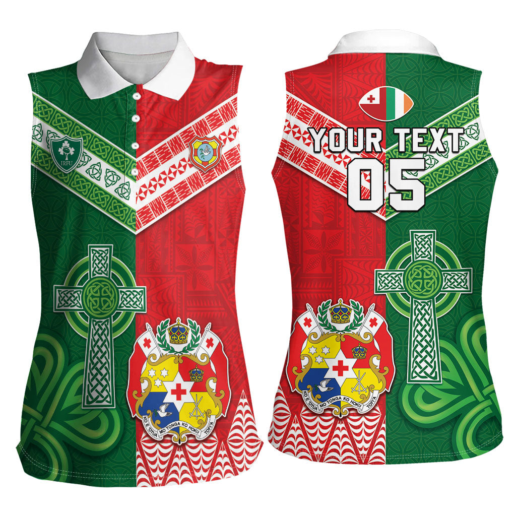 Tonga Ireland Rugby Custom Women Sleeveless Polo Shirt Ikale Tahi With Shamrocks Together