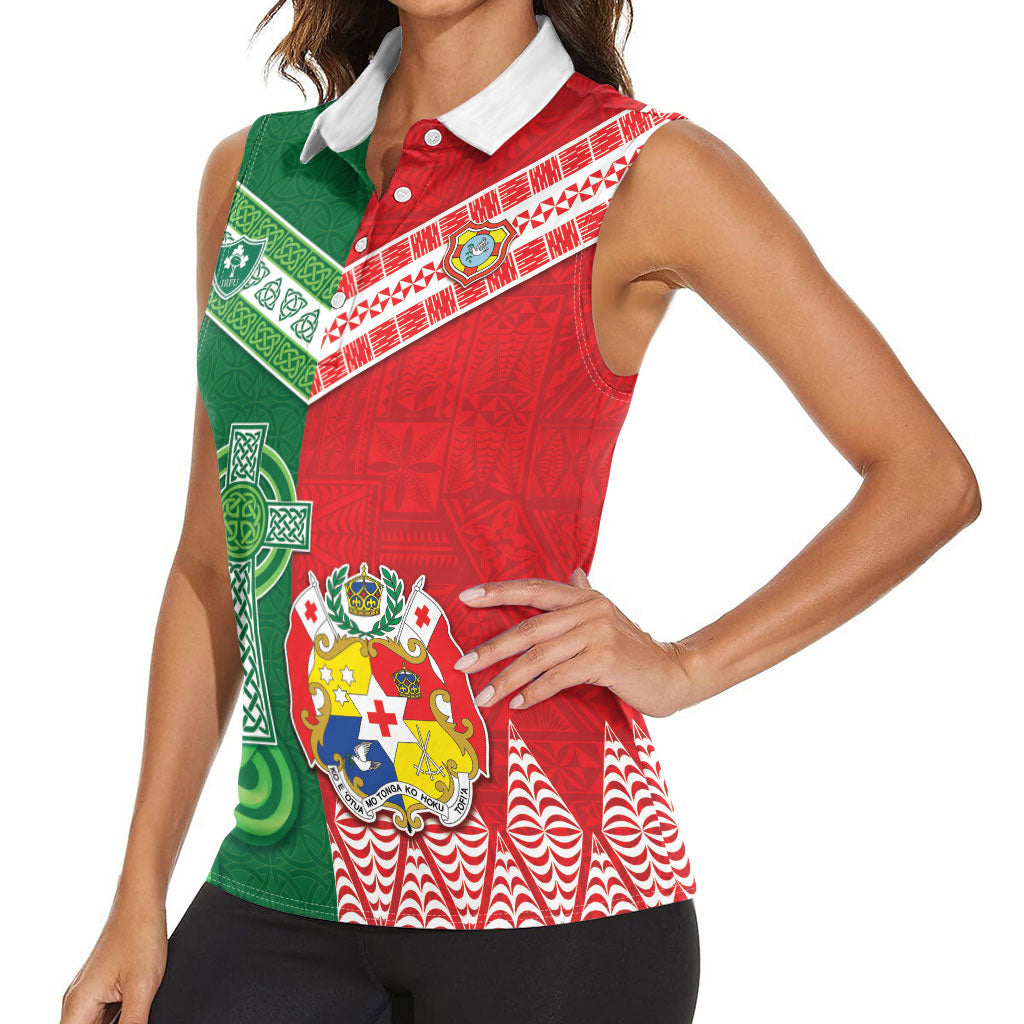 Tonga Ireland Rugby Custom Women Sleeveless Polo Shirt Ikale Tahi With Shamrocks Together