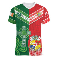 Tonga Ireland Rugby Custom Women V-Neck T-Shirt Ikale Tahi With Shamrocks Together