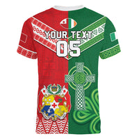 Tonga Ireland Rugby Custom Women V-Neck T-Shirt Ikale Tahi With Shamrocks Together
