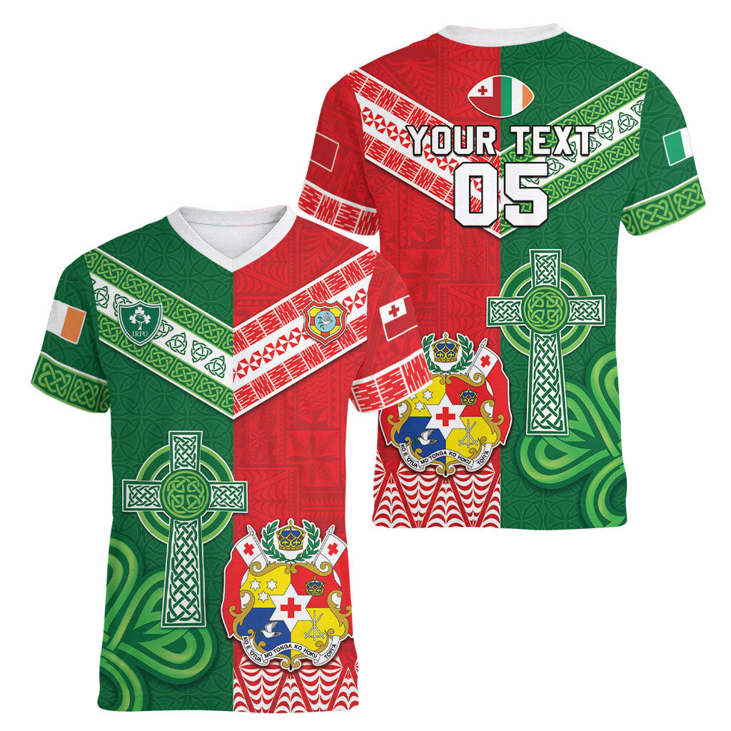 Tonga Ireland Rugby Custom Women V-Neck T-Shirt Ikale Tahi With Shamrocks Together