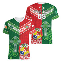 Tonga Ireland Rugby Custom Women V-Neck T-Shirt Ikale Tahi With Shamrocks Together