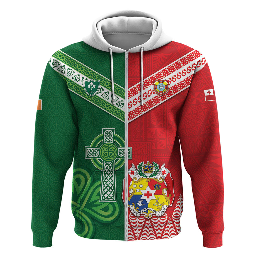 Tonga Ireland Rugby Custom Zip Hoodie Ikale Tahi With Shamrocks Together