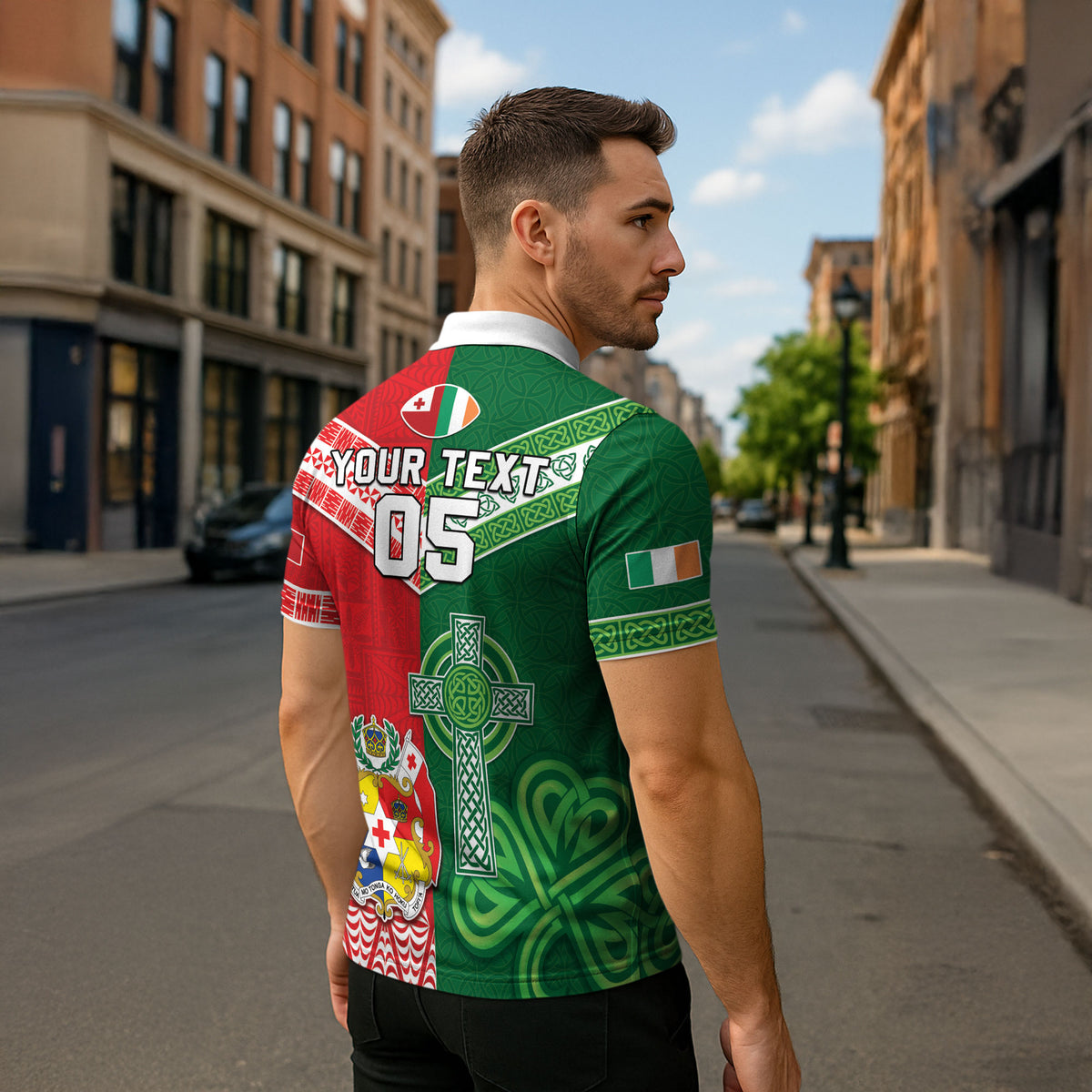Tonga Ireland Rugby Custom Zipper Polo Shirt Ikale Tahi With Shamrocks Together