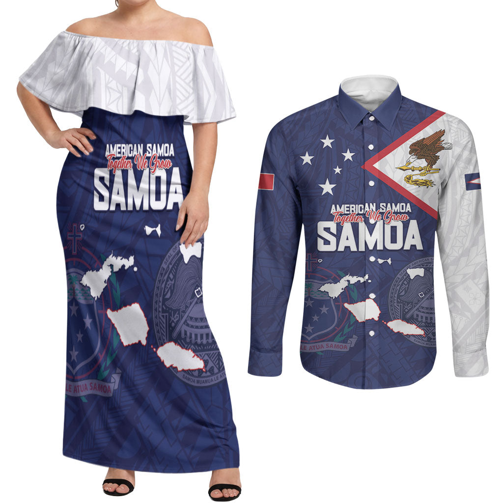 Personalized American Samoa And Samoa Couples Matching Off Shoulder Maxi Dress and Long Sleeve Button Shirt Together We Grow