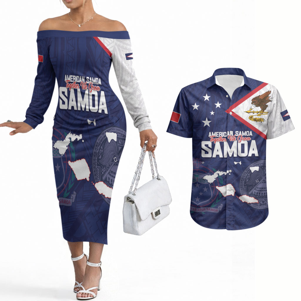 Personalized American Samoa And Samoa Couples Matching Off The Shoulder Long Sleeve Dress and Hawaiian Shirt Together We Grow