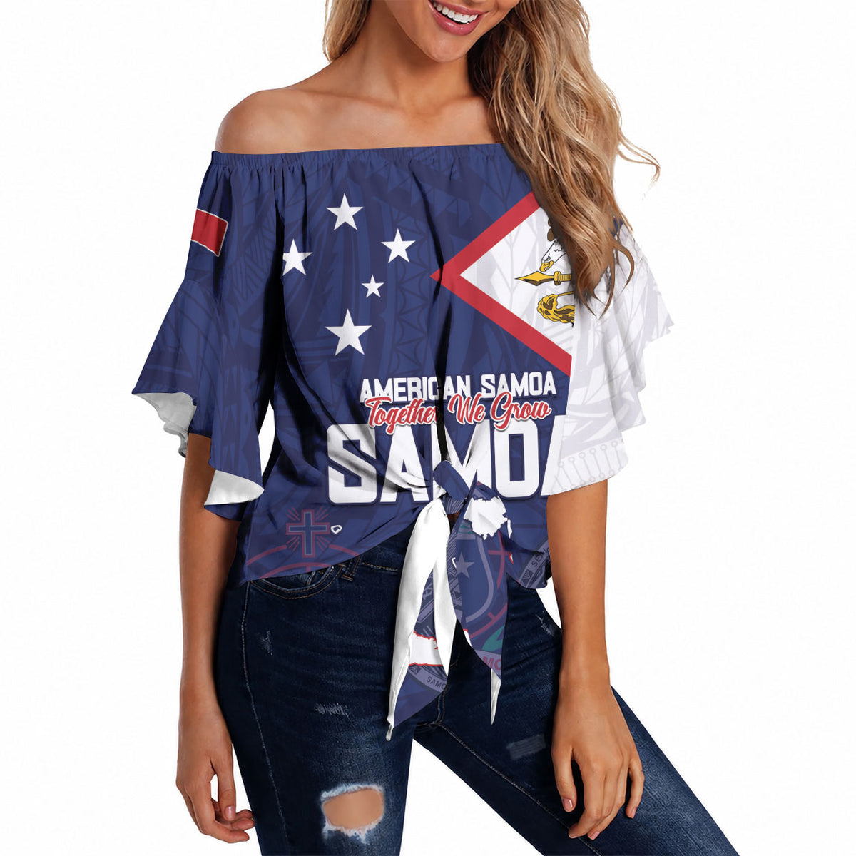 Personalized American Samoa And Samoa Off Shoulder Wrap Waist Top Together We Grow