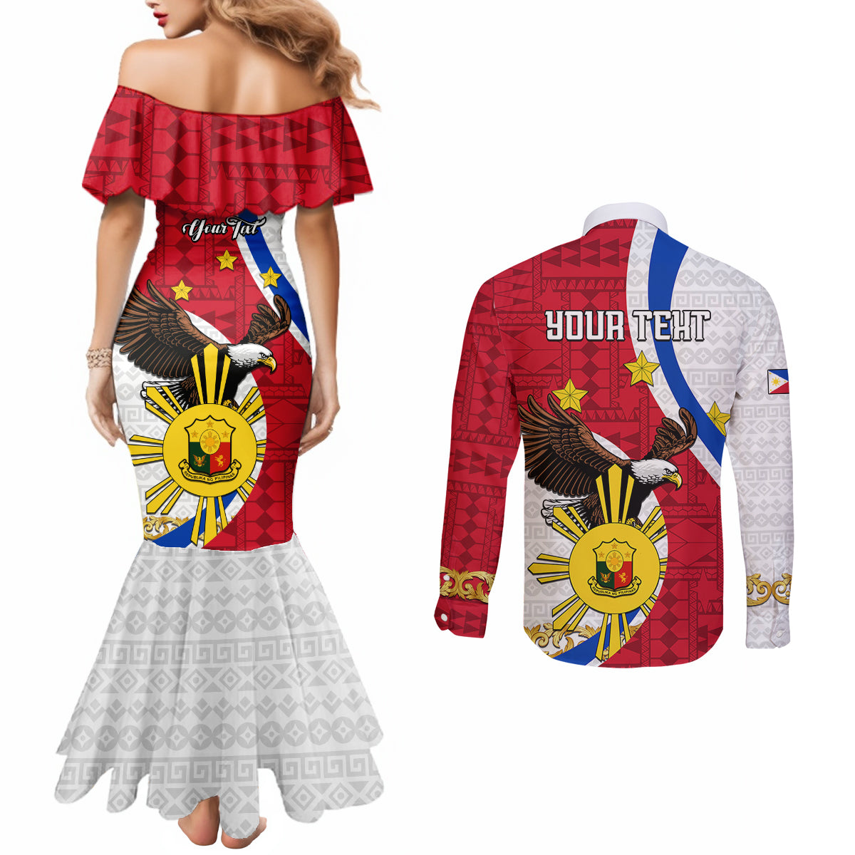 personalized-philippines-couples-matching-mermaid-dress-and-long-sleeve-button-shirts-the-eight-rayed-sun-bald-eagle-polynesian-pattern