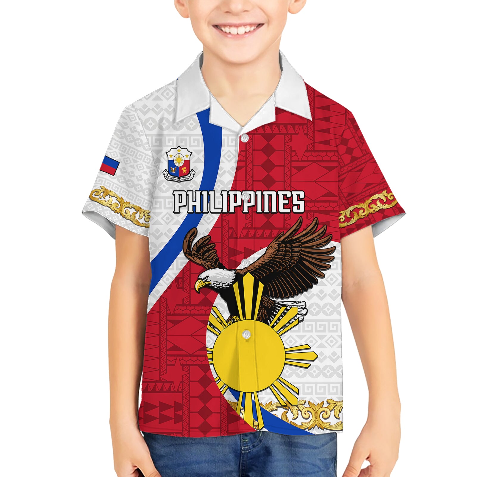 personalized-philippines-kid-hawaiian-shirt-the-eight-rayed-sun-bald-eagle-polynesian-pattern