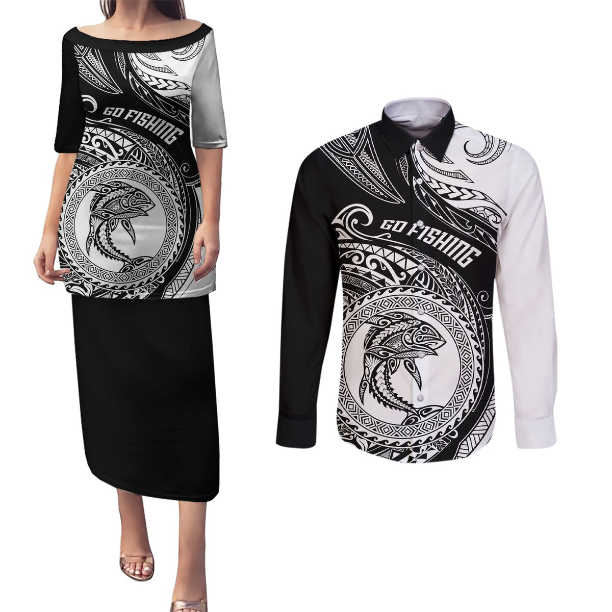 go-fishing-couples-matching-puletasi-dress-and-long-sleeve-button-shirts-polynesian-pattern