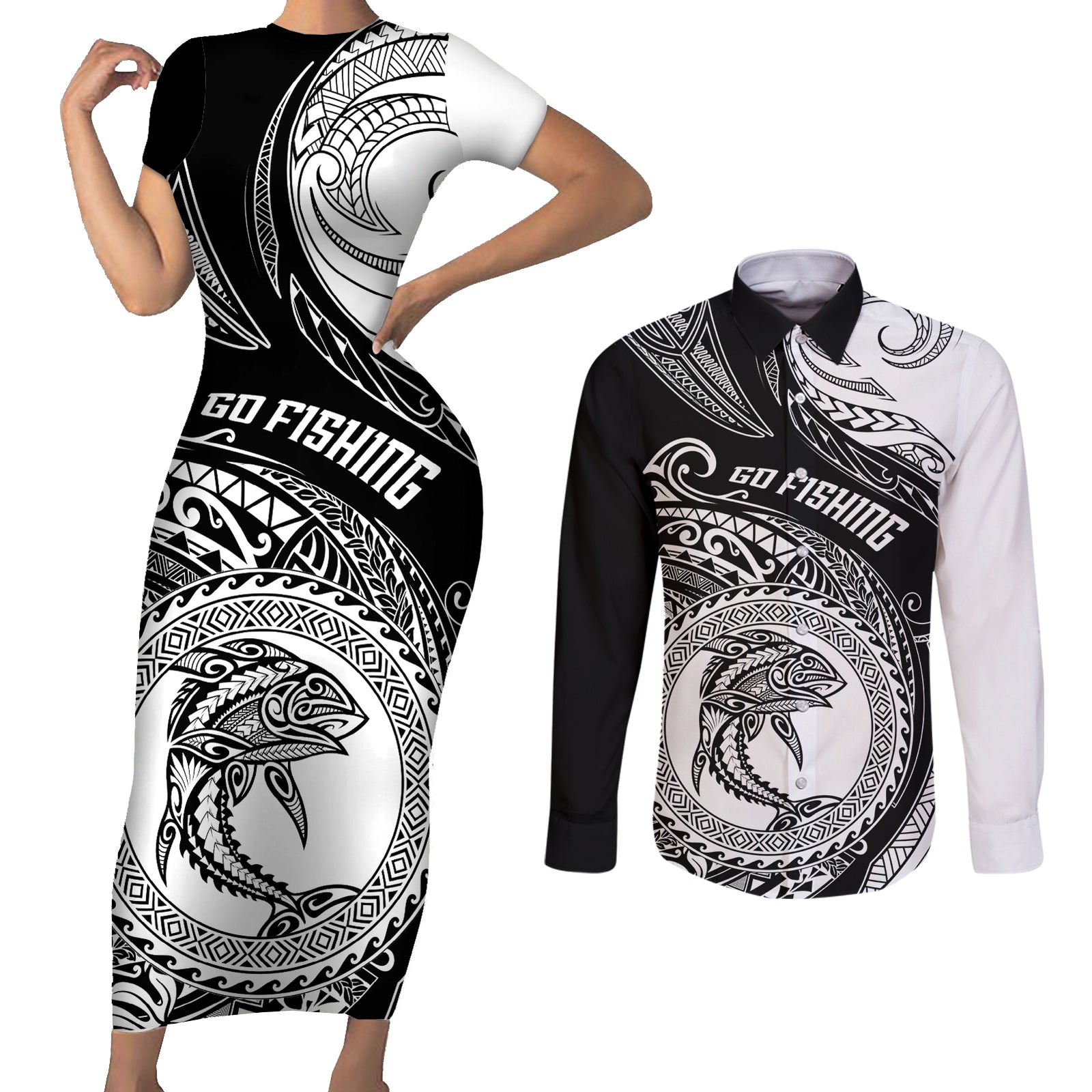 go-fishing-couples-matching-short-sleeve-bodycon-dress-and-long-sleeve-button-shirts-polynesian-pattern