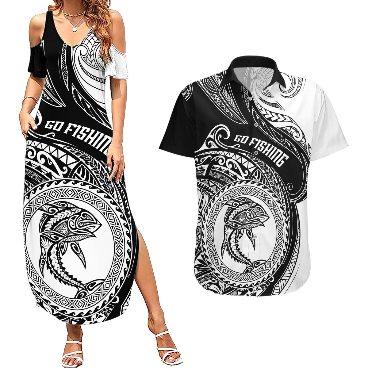 go-fishing-couples-matching-summer-maxi-dress-and-hawaiian-shirt-polynesian-pattern