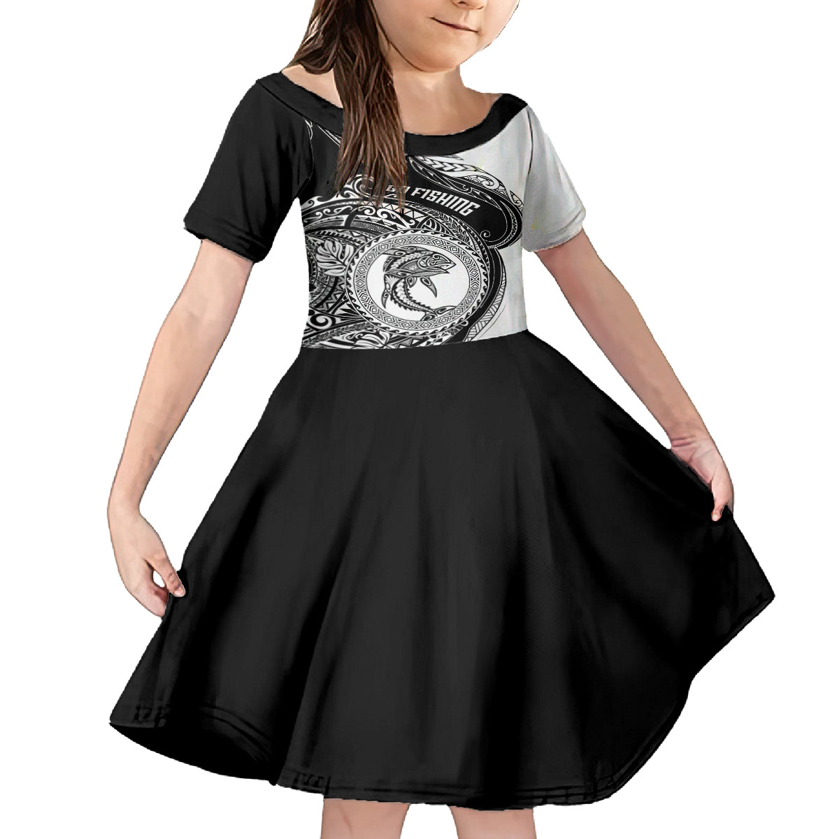 Go Fishing Family Matching Puletasi Dress and Hawaiian Shirt Polynesian Pattern LT05 Daughter's Dress Black - Polynesian Pride