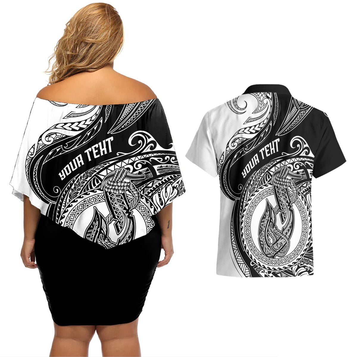personalized-go-fishing-couples-matching-off-shoulder-short-dress-and-hawaiian-shirt-polynesian-pattern