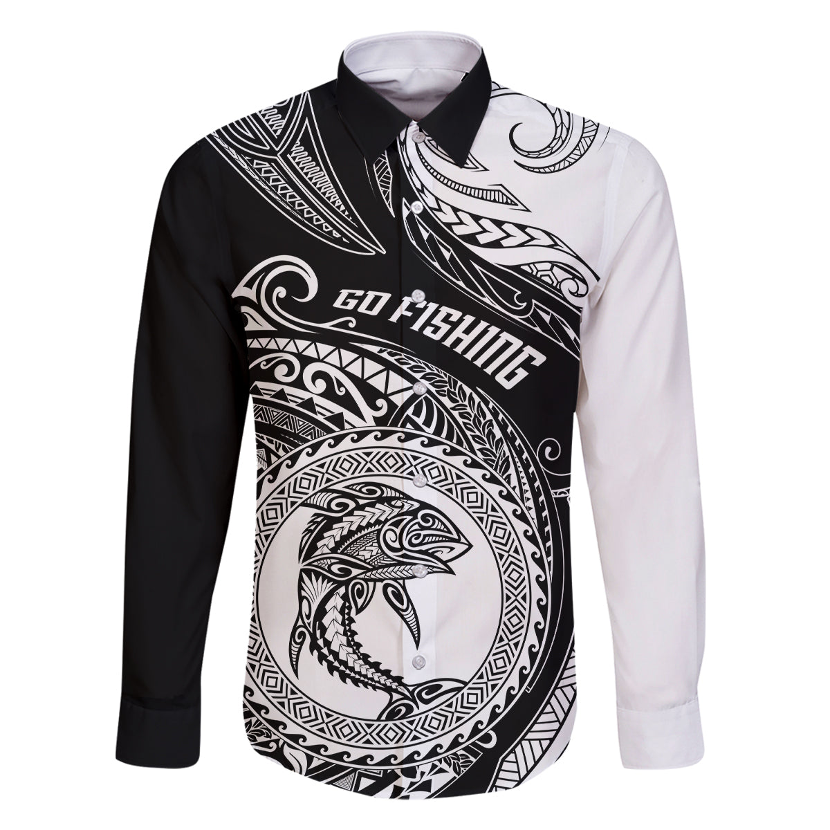 Personalized Go Fishing Family Matching Mermaid Dress and Hawaiian Shirt Polynesian Pattern LT05 Dad's Shirt - Long Sleeve Black - Polynesian Pride