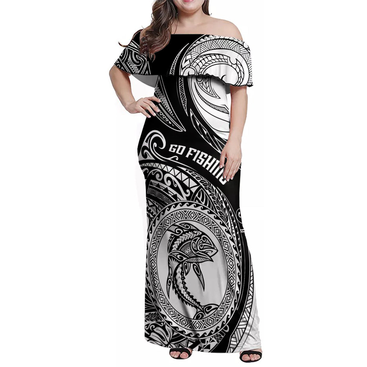 Personalized Go Fishing Family Matching Off Shoulder Maxi Dress and Hawaiian Shirt Polynesian Pattern LT05 Mom's Dress Black - Polynesian Pride