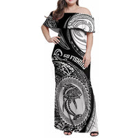 Personalized Go Fishing Family Matching Off Shoulder Maxi Dress and Hawaiian Shirt Polynesian Pattern LT05 Mom's Dress Black - Polynesian Pride