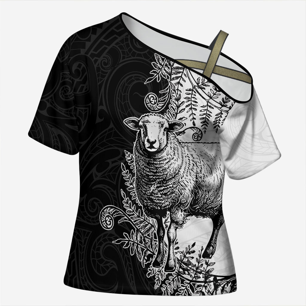 New Zealand Aotearoa Hipi Cross Shoulder Shirt Maori Pattern LT05 Female Black - Polynesian Pride