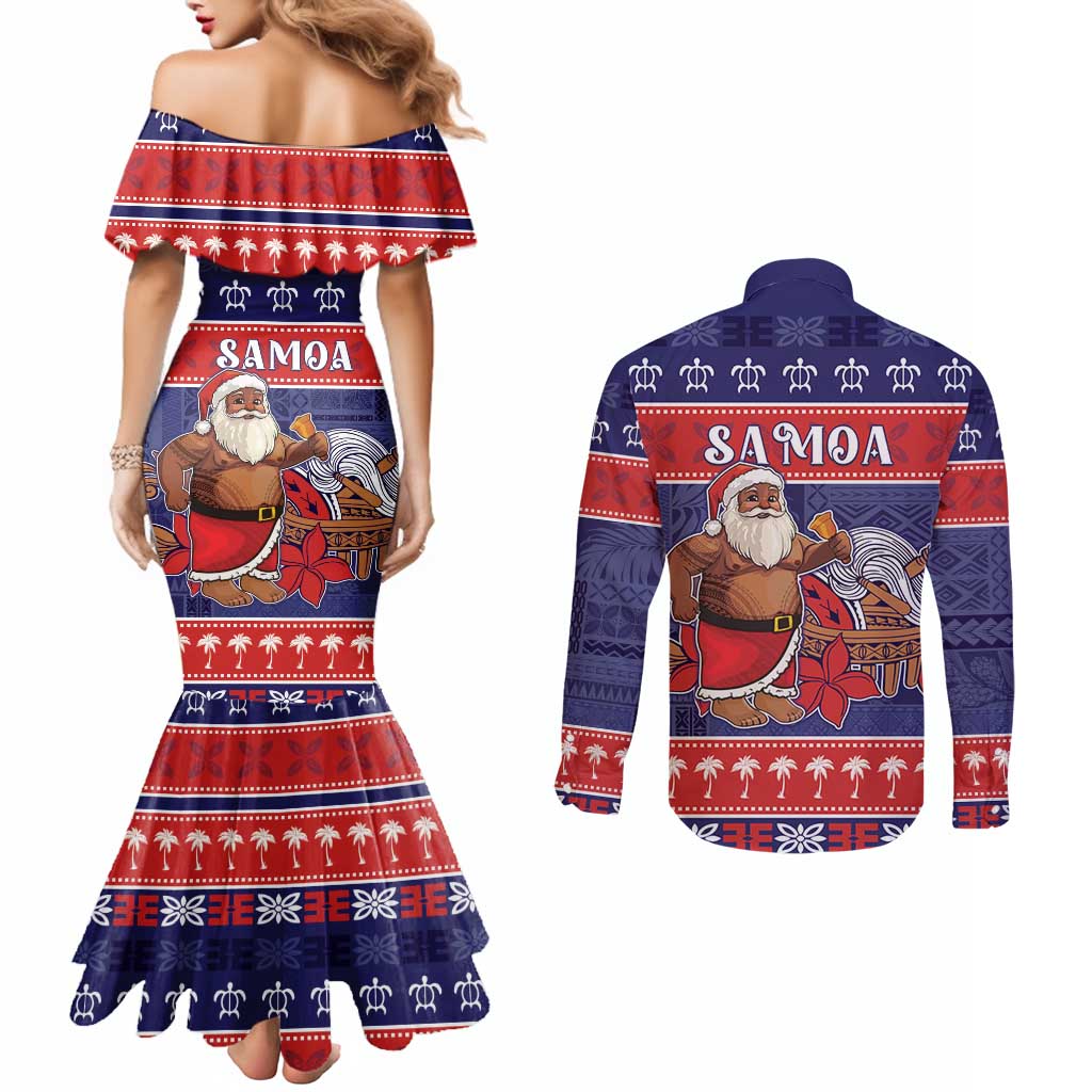 Samoa Christmas Couples Matching Mermaid Dress and Long Sleeve Button Shirt Samoan Santa Claus Manuia Le Kerisimasi