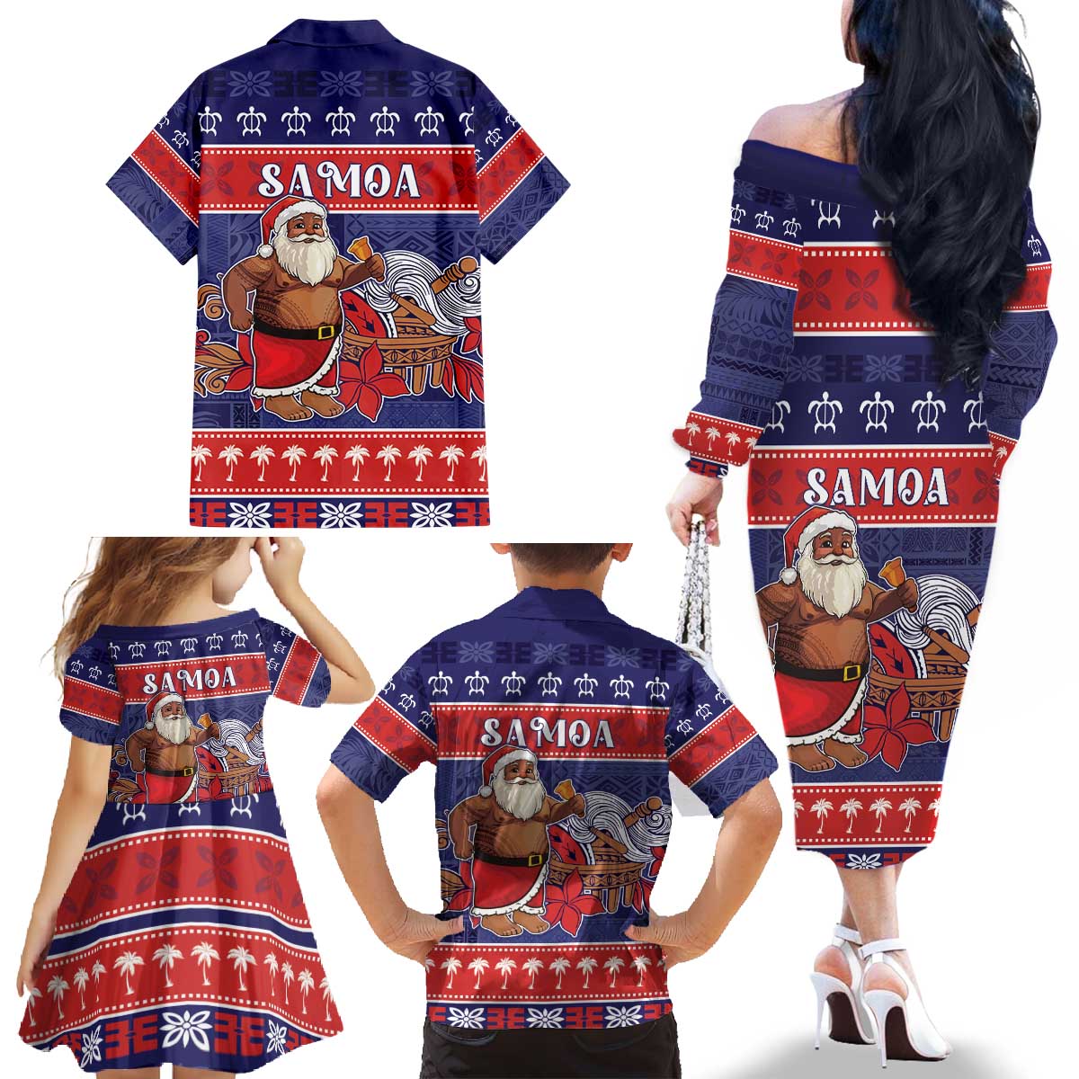 Samoa Christmas Family Matching Off The Shoulder Long Sleeve Dress and Hawaiian Shirt Samoan Santa Claus Manuia Le Kerisimasi