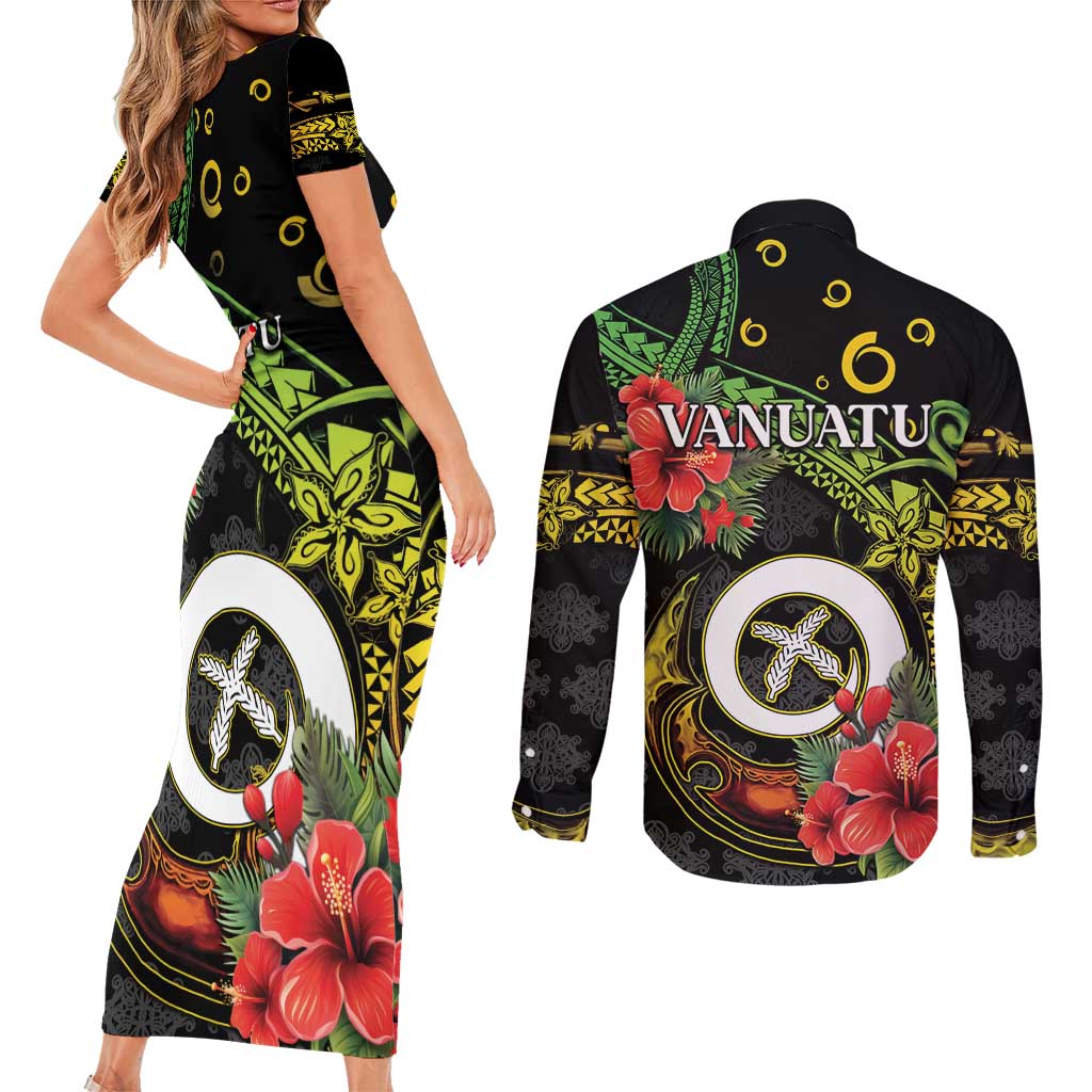 Love Vanuatu Christmas Couples Matching Short Sleeve Bodycon Dress and Long Sleeve Button Shirt God Yumi Polynesian Tribal Pattern