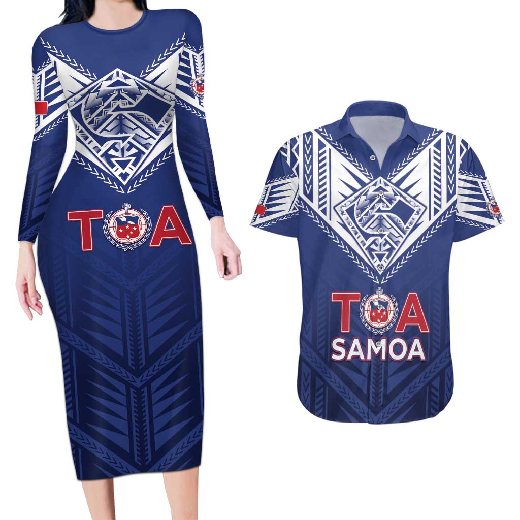 Super Toa Samoa Rugby Custom Couples Matching Long Sleeve Bodycon Dress and Hawaiian Shirt Warrior Spirit LT05