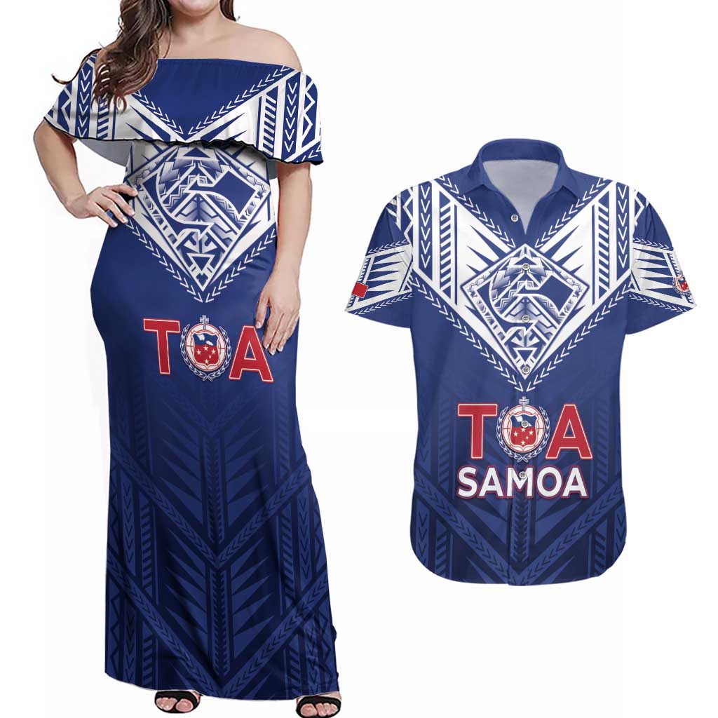 Super Toa Samoa Rugby Custom Couples Matching Off Shoulder Maxi Dress and Hawaiian Shirt Warrior Spirit LT05