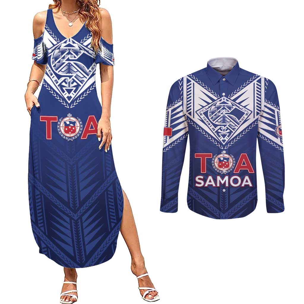 Super Toa Samoa Rugby Custom Couples Matching Summer Maxi Dress and Long Sleeve Button Shirt Warrior Spirit LT05