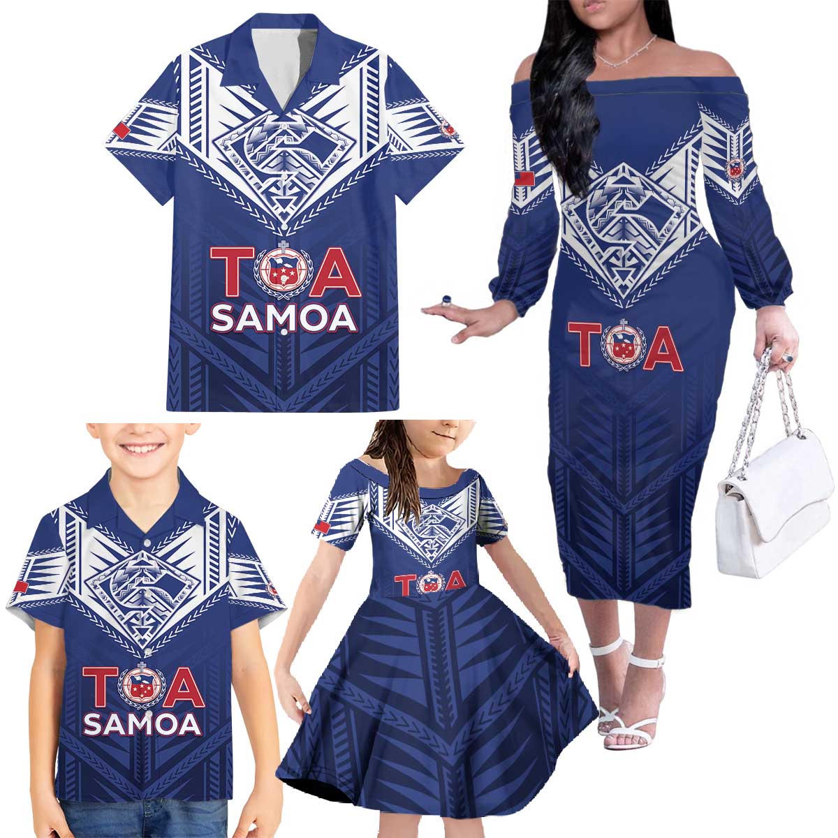 Super Toa Samoa Rugby Custom Family Matching Off The Shoulder Long Sleeve Dress and Hawaiian Shirt Warrior Spirit LT05