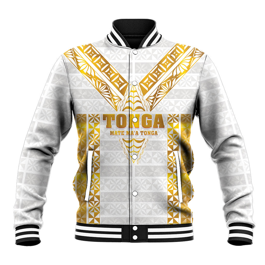 Mate Maa Tonga Rugby Custom Baseball Jacket Tongan Kupesi Gold Version LT05 Unisex White - Polynesian Pride