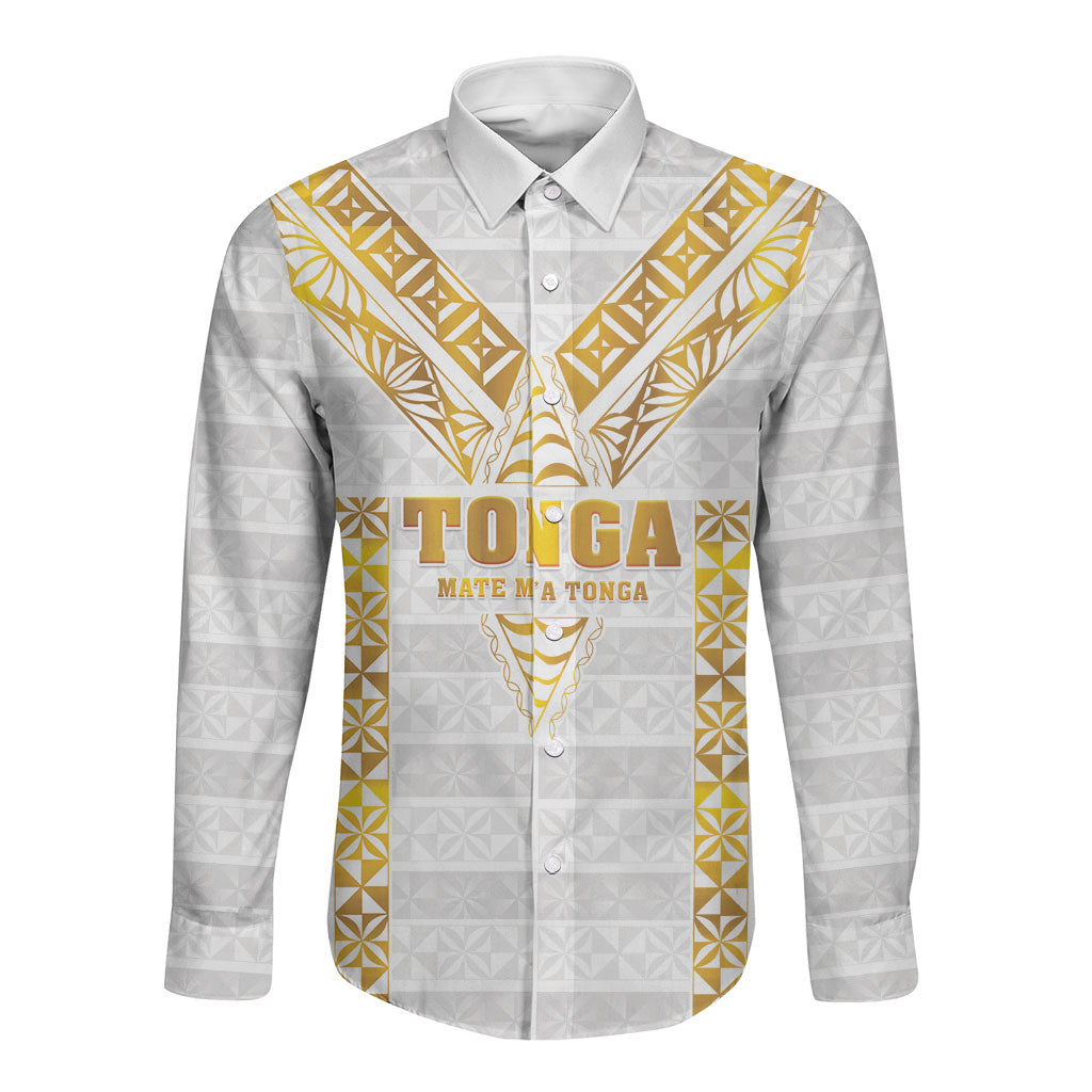 Mate Maa Tonga Rugby Custom Long Sleeve Button Shirt Tongan Kupesi Gold Version LT05 Unisex White - Polynesian Pride