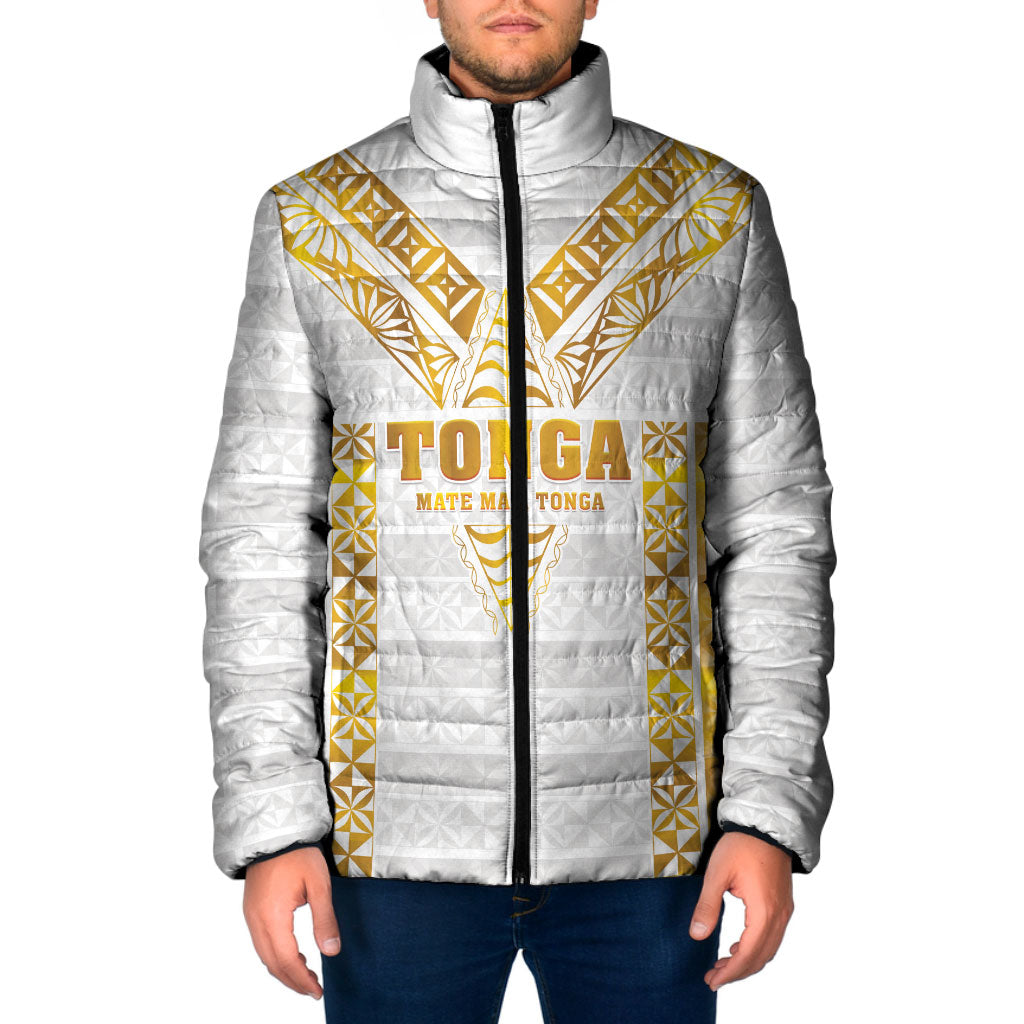Mate Maa Tonga Rugby Custom Padded Jacket Tongan Kupesi Gold Version LT05 Men White - Polynesian Pride
